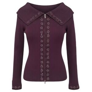 Vtg CACHE Viral Plum Beaded Collar Zip Cardigan Sweater Gabriella Solís MEDIUM